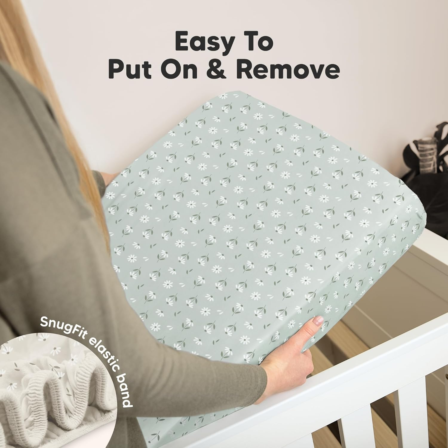 2-Pack Organic Mini Cot Sheets Fitted - Organic Cotton Pack N Play Sheets for Graco Pack and Play Mattress, Playard Baby Cot Sheets, Jersey Fitted Crib Sheets Neutral for Boys, Girls (Daisies) image number 4