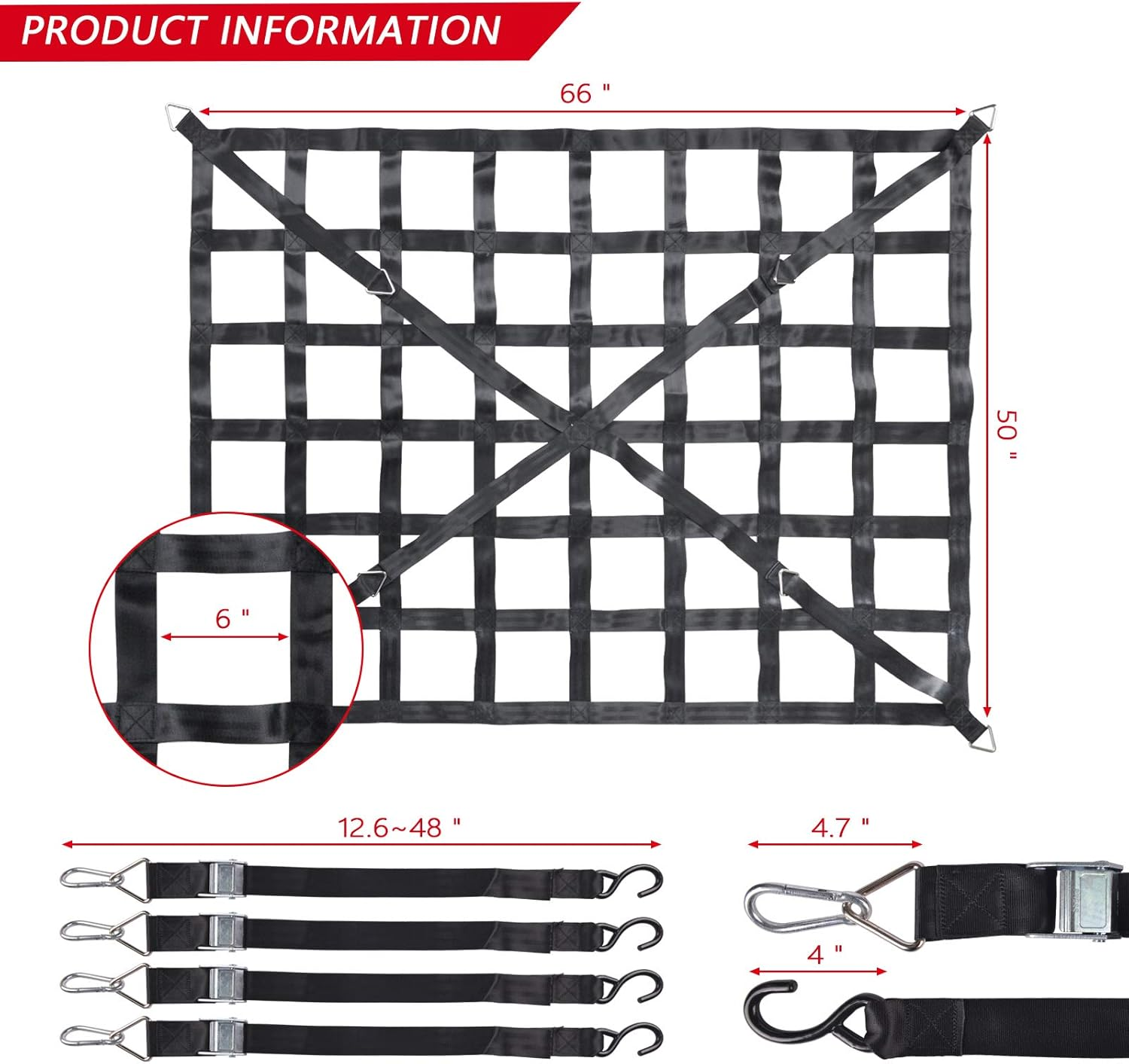Surmountway Cargo Net for Pickup Truck Bed (66" X 50") - Heavy Duty with 1100LBS Capacity, Cam Buckles & S-Hooks - for Trailer Trucks with Cross Strap image number 3