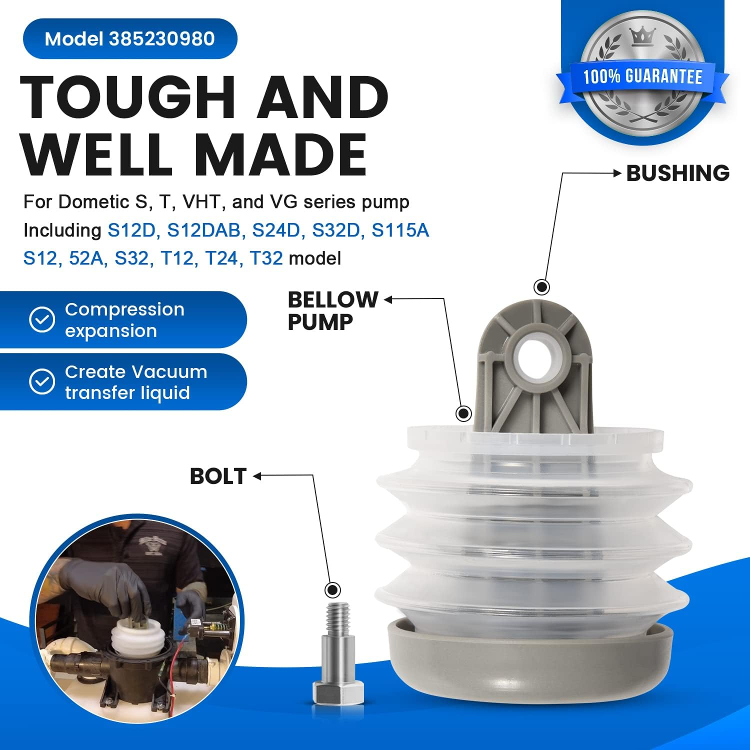 For Dometic 385230980 Pump Bellow Kit & 385310076 1-1/2'' Duckbill Valve Kit & 385310151 O-Ring Kit Replace for Dometic S, T, J, VHT, and VG Series Vacuum Pump Kit image number 2