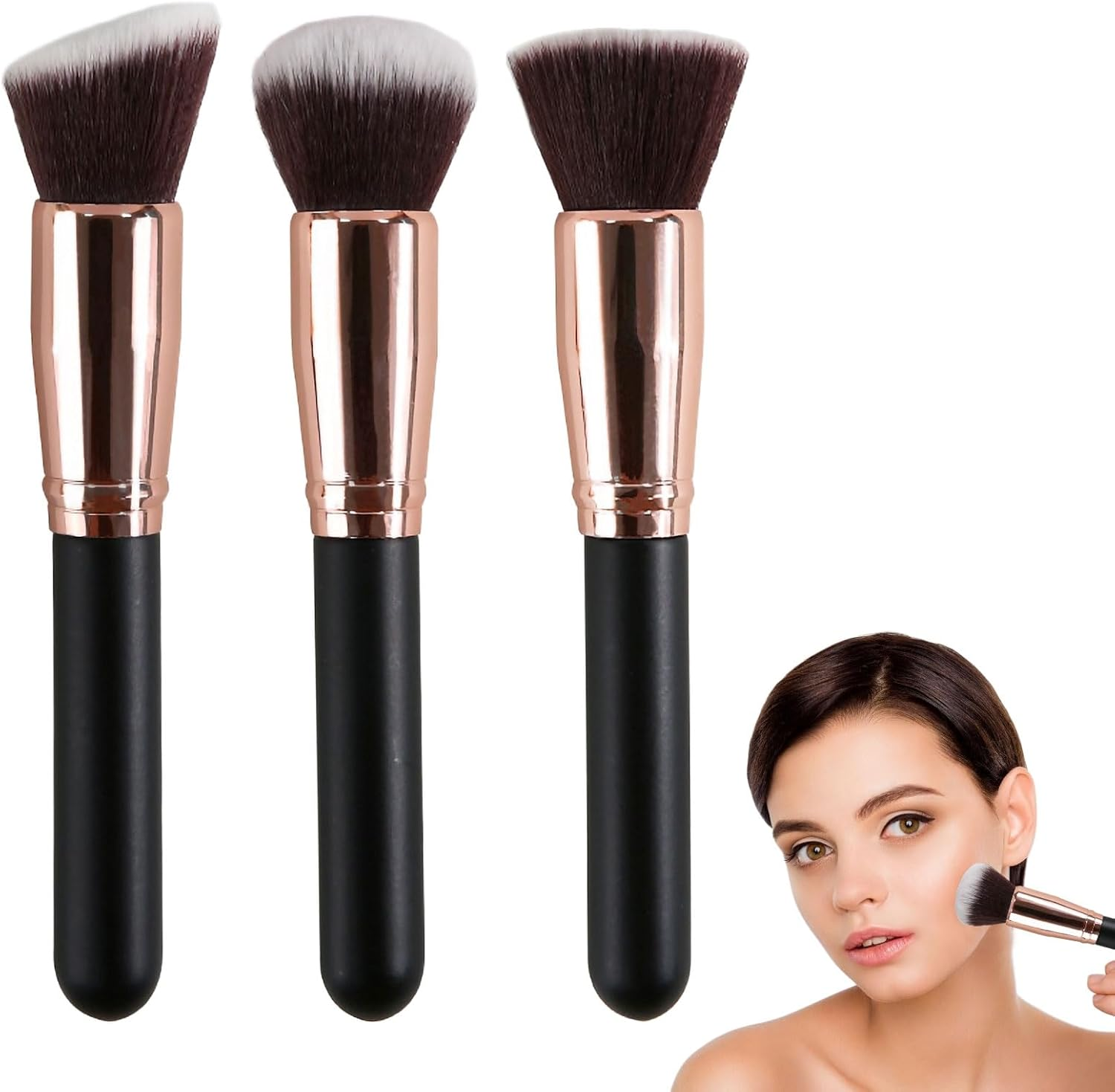Foundation Brush, 3 Pcs Kabuki Makeup Brushes, Professional Makeup Brush, Flat Top & Angled & Blusher Brush, Body Make up Brushes for Liquid, Bronzer, Cream, Powder, Blending, Buffing, Contour image number 1
