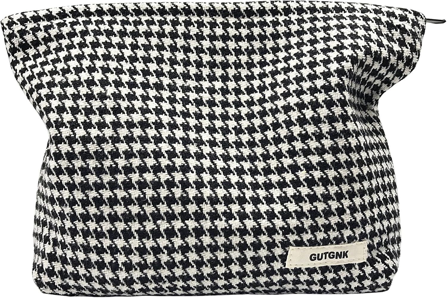 Makeup Bag for Women, Corduroy Cosmetic Bag Aesthetic Design Ladies Tote Bag, Pencil Case for Girls, Cute Smiley Face Makeup Organizer with Zipper, Black Houndstooth