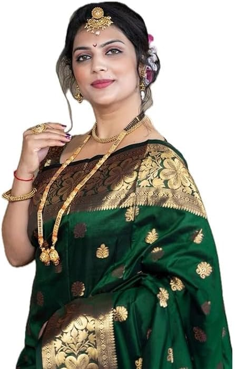 C J Enterprise Women Pure Banarasi Silk Kanjivaram Style Blouse Wedding Saree (Vruksh)