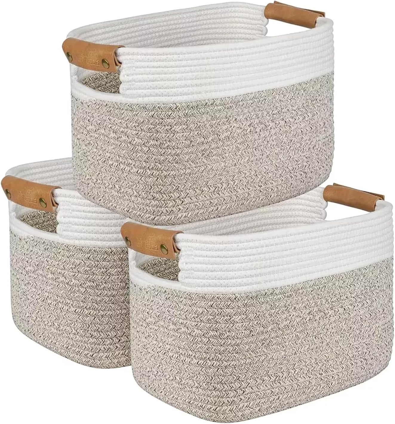 3Pc Foldable Woven Storage Baskets: Detachable Handles - 100% Cotton Rope for Clothing, Toy and Home Organization​(White+Beige,3)