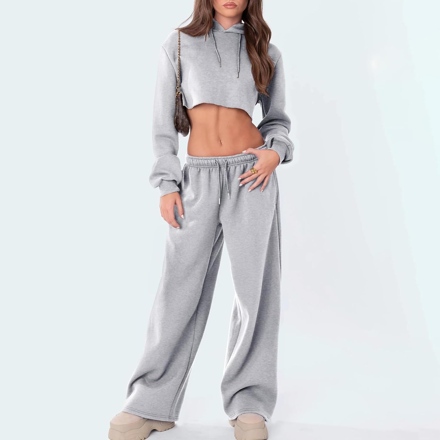 Women'S Causal Drawstring High Waist Baggy Straight Wide Leg Sweatpants Solid Color Loose Trousers with Pockets image number 4