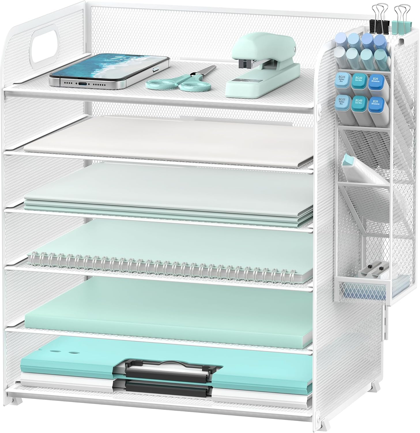 SUPEASY 6 Tier Paper Organizer with 4 Pen Holders, Mesh Letter Tray with Handle, Paper Tray Organizer for A4 Files, White - 2, Black image number 5