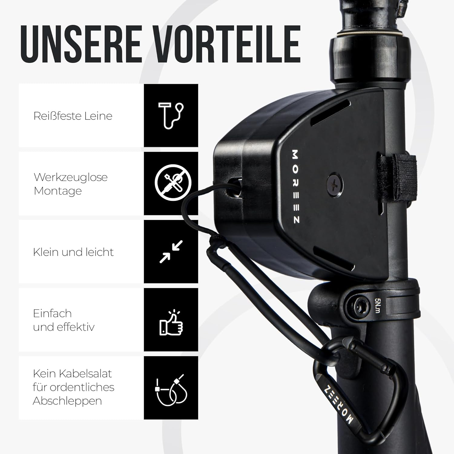 MOREEZ Bicycle Tow Rope for Children and Adults [For All Bike Types] Easy to Attach and Uncouple, Seconds Months, Tensile Load up to 120 Kg, E-Bike, Woom Bike, Mountain Bike Order Now! image number 1