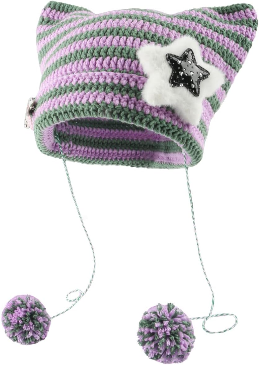 Y2K Beanies Vintage Grunge Crochet Hats for Women Kawaii Cute Fox Cat Knitted Hat Y2K Accessories for Teen Girls