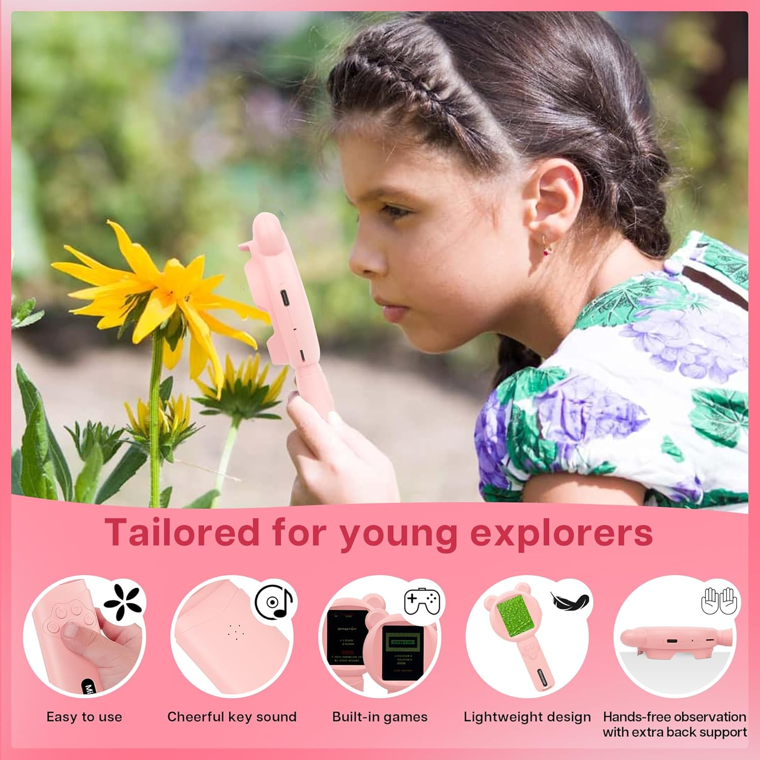 Bear Kids Microscope, Portable Microscope for Kids, Mini Digital Scope with 2.8" Screen, Educational Science Kit Birthday Gifts, Age 4-12, 16GB TF Card Included (Pink) image number 5