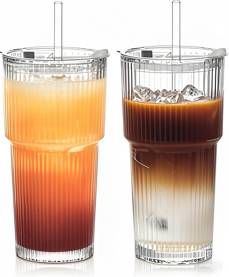 HAUNDRY 20Oz Glass Tumblers with Lids and Straws, Set of 2 - Stylish Ribbed Design Drinking Glasses for Iced Coffee Cups, Juice, Smoothies, Cold Beverages, Includes Cleaning Brush, Durable Glassware image number 4