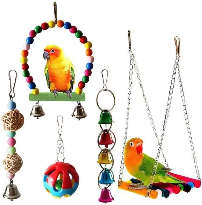 5Pc Bird Toys, Parrot Swing Set: Hanging Bells, Bell Balls, Rattan Ornaments, Wooden Ladder Swings for Cockatiels, Macaws, Finches (Random Color) image number 1