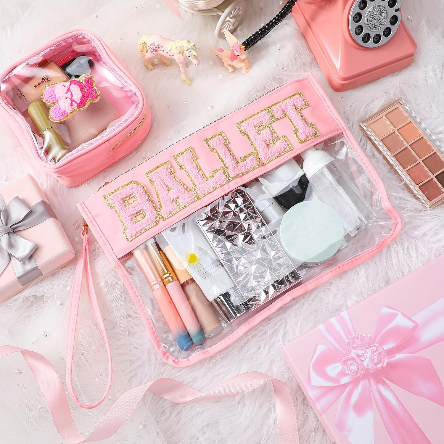 Hillban 2 Pcs Ballet Gifts Chenille Letter Bags Preppy Patch Makeup Bag Flat Clear Pouch PVC Organizer Purse Waterproof Travel Cosmetic Bag Portable Bag for Women Girl (Ballet Theme), Pink image number 6