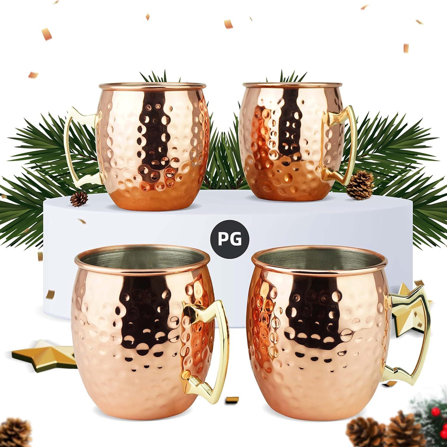 PG Copper Moscow Mule Mugs | Large Size 19.5 Ounces | Set of 4 Hammered Cups | Stainless Steel Lining | Pure Copper Plating | Gold Brass Handles | 2.8 Inches Diameter X 3 Inches Tall image number 1