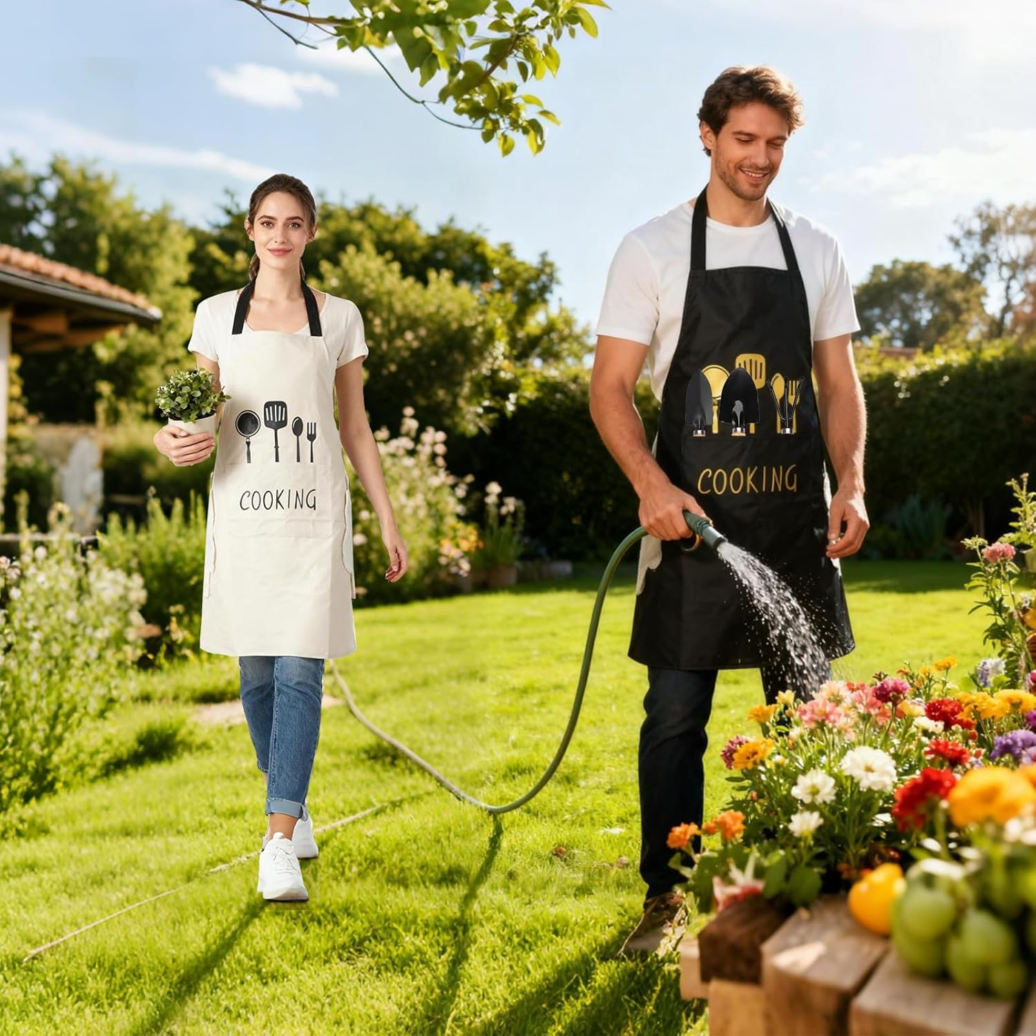 DILLMAN Women Kitchen Apron with Hand Wipe Pockets，Big Pocket,Hand-Wiping, Waterproof for Cooking Baking, Black + White - Blue image number 4