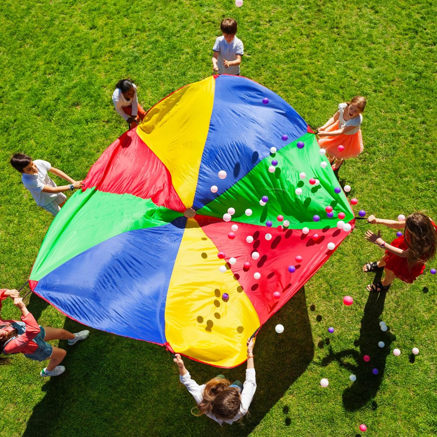 Parachute Toys, Rainbow Parachute with Diameter 1.85 M for Kids Kids Parachute with Handles for 6-8 People for Indoor and Outdoor Team Games