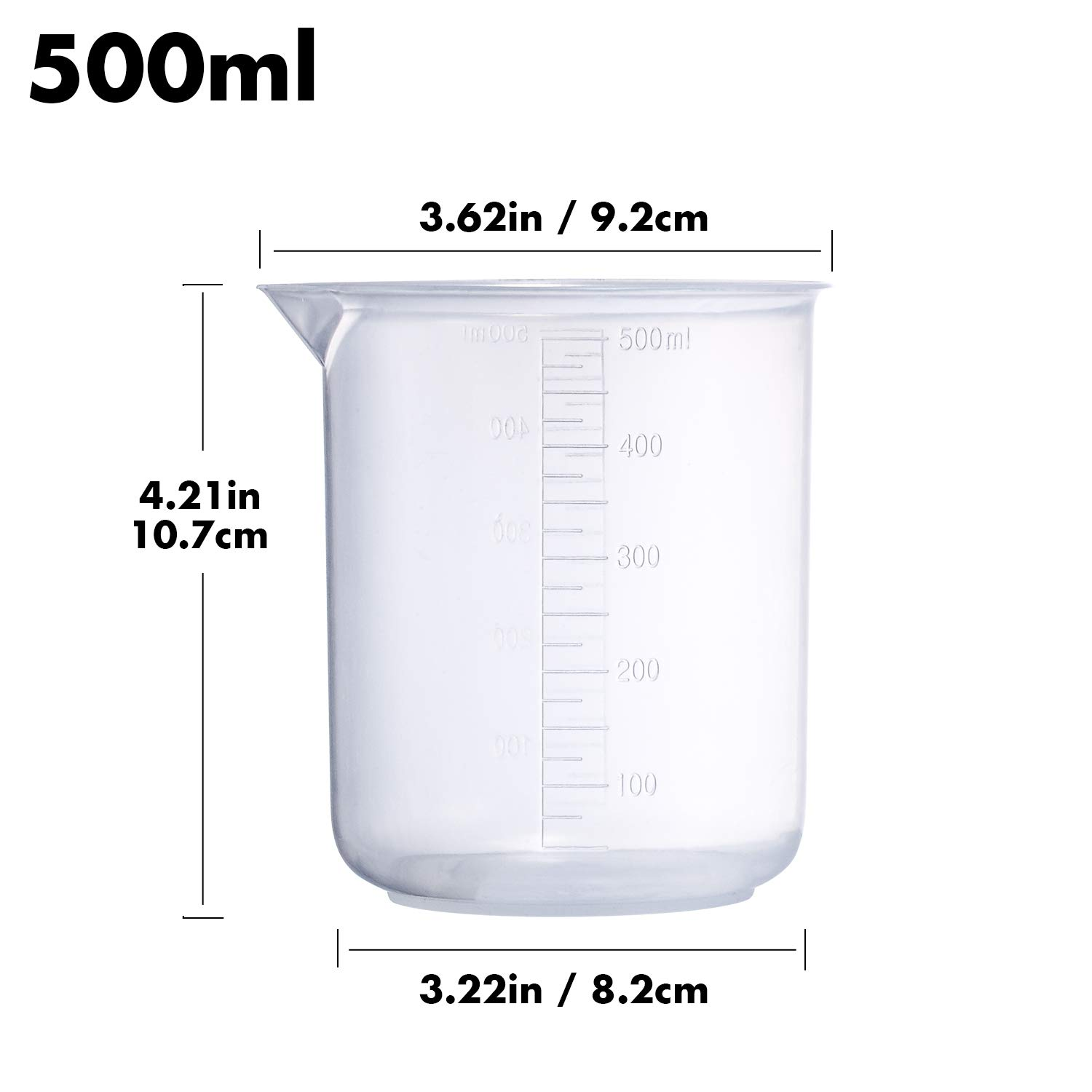 Plastic Beaker Set, 5 Sizes Low Form Measuring Graduated Griffin Polypropylene Beakers in 500 Ml, 250 Ml, 100 Ml, 50 Ml, 25 Ml for Laboratory, & Science Experiments with 5 Plastic Droppers in 3 Ml image number 5