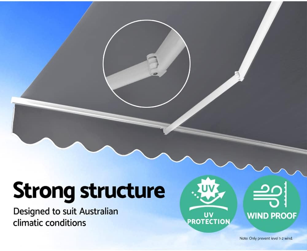 Instahut Folding Arm Awning 4M X 2.5M Pearl Grey Retractable Blinds Outdoor Patio Terrace Garden Window Sunshade Canopy Manual Hand Crank Adjustable Angles Aluminium Frame Waterproof