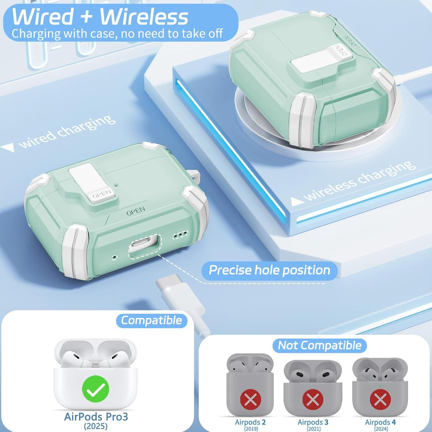 Komiyaa for Airpods Pro 3 Case (2025) with Phone Stand, [Compatible with Magsafe Wireless Charging, Magnetic Automatic Lock Cover with Keychain for Airpods Pro 3Rd Generation (Green)