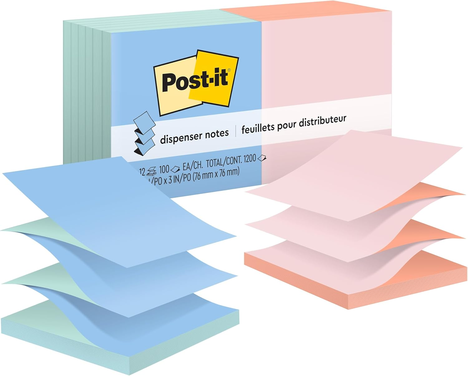 Post-It Pop-Up Notes, 3 in X 3 In, Marseille Collection, 12 Pads/Pack, 100 Sheets/Pad (R330-12AP) - 76 X 76 Mm, 12 Pads, Jaipur Collection Alternating