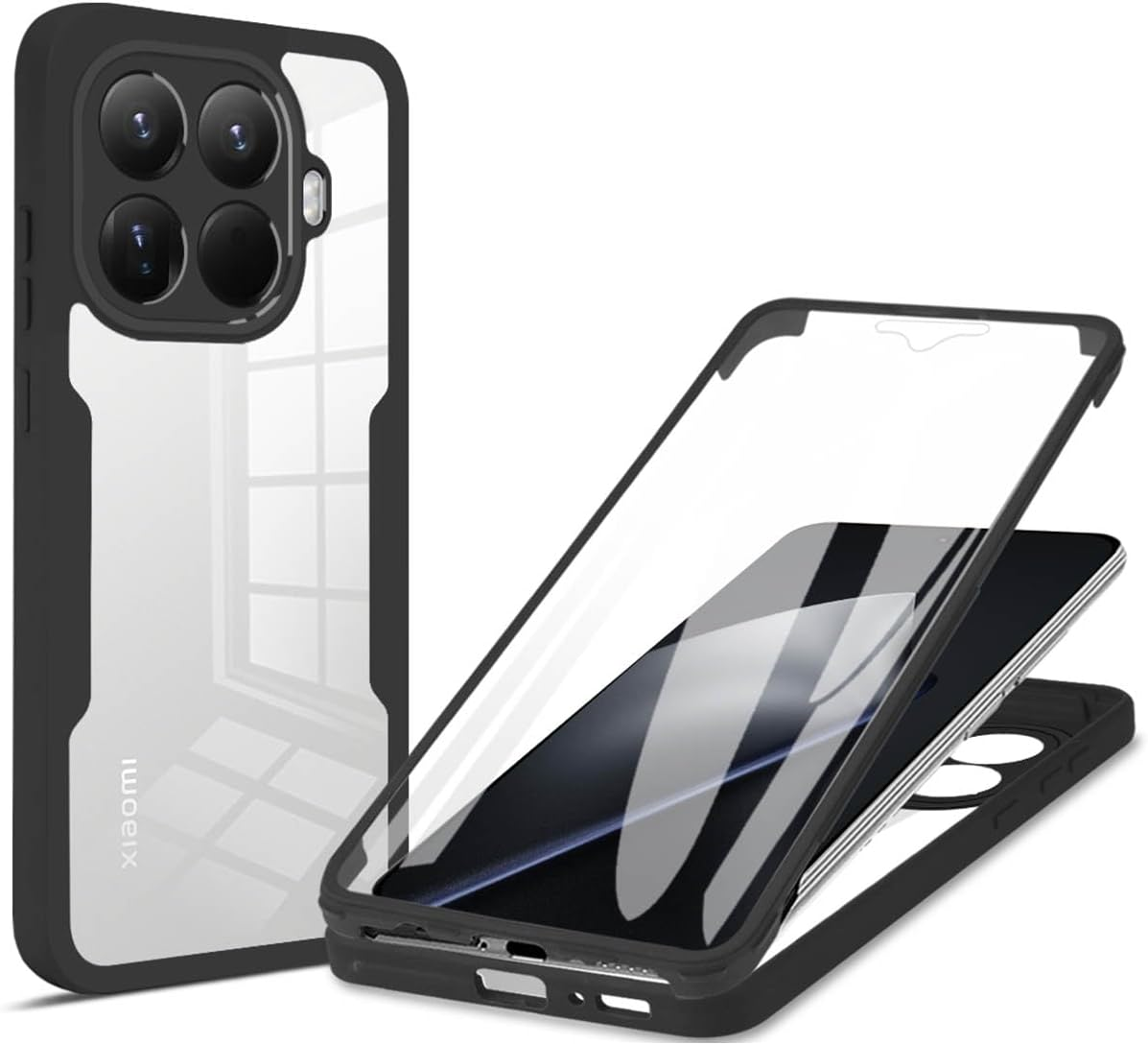 UPLAI Transparent Case for Xiaomi 15T Pro 5G, 360 Degree Full Body Military Grade Shockproof Mobile Phone Case Built-In Screen Protector, Soft TPU Bumper Protective Case, Black