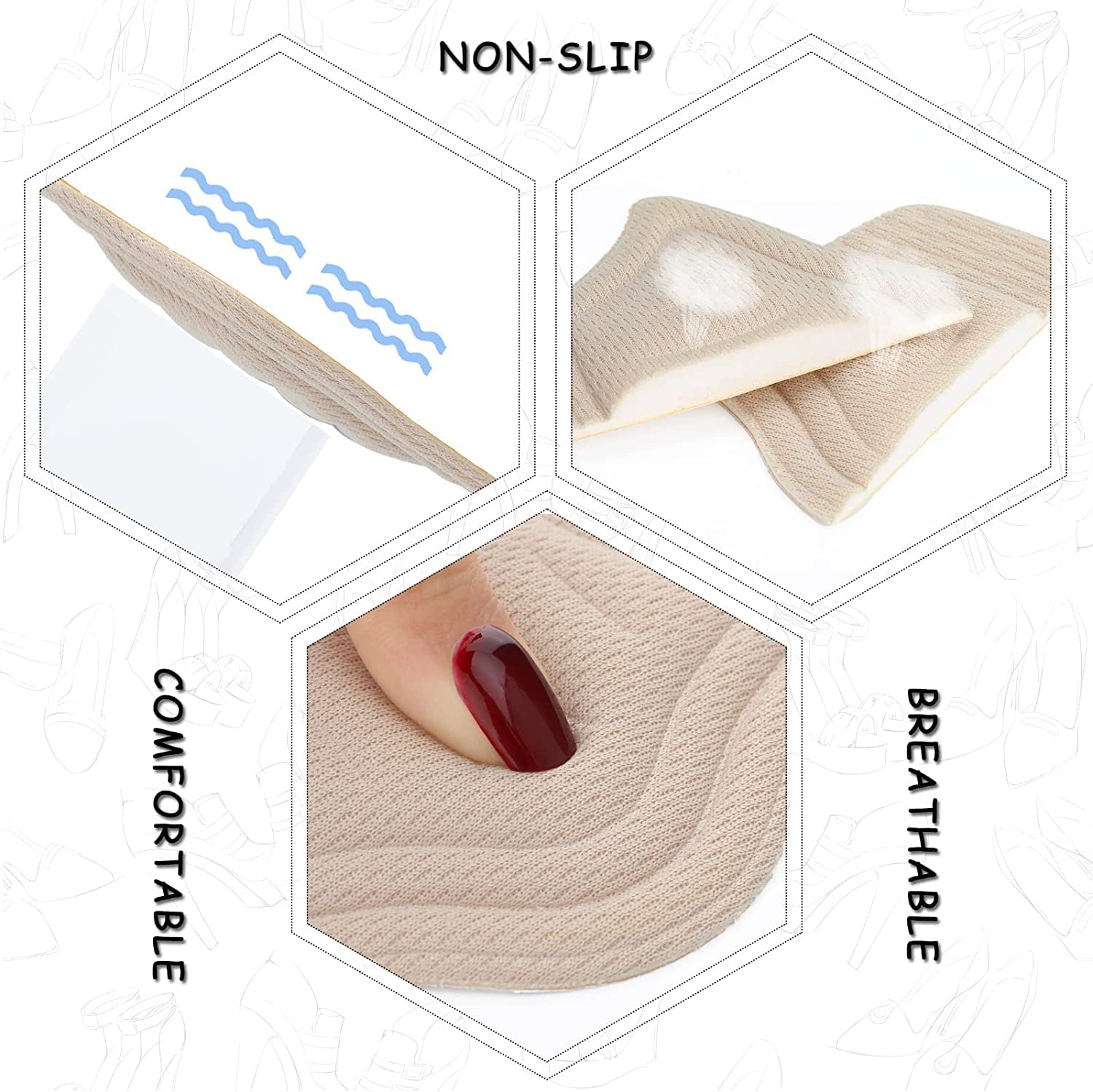 YBVABE Heel Cushion Inserts - 8Pieces Heels Grip Anti-Slip Leather Shoe Pads with Silicone Dots, Reusable Adhesive Thick Back Insoles for Boots & Sports Shoes, Heel Blister Protectors for Women & Men, Ideal for Loose Shoes (8 Beige) - Blackbeige image number 6