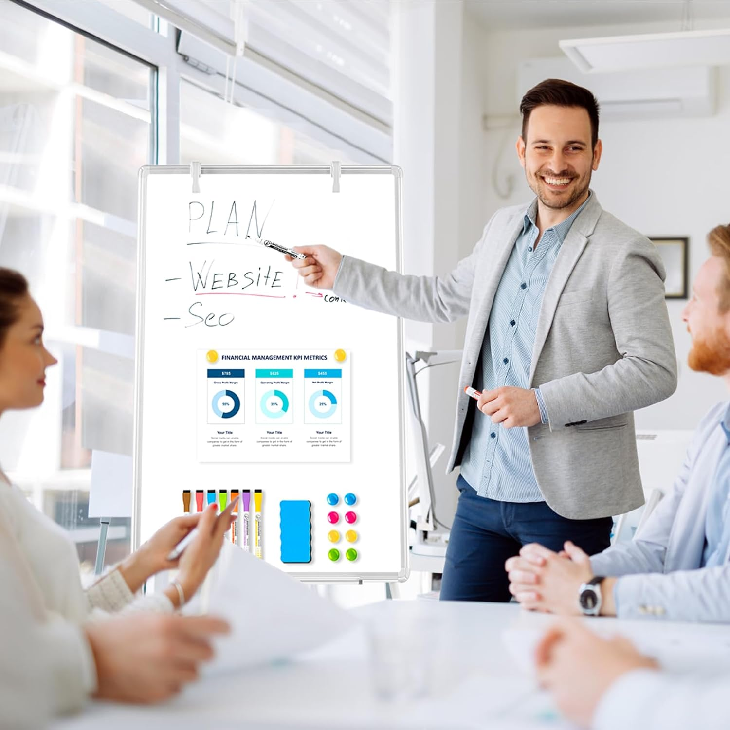 QUEENLINK Magnetic Whiteboard Easel, 60 X 90 Cm Height Adjustable Whiteboard with Stand, Large Aluminium Frame White Board for Teaching, Flipchart Standing Writing Board for Office, Home image number 1