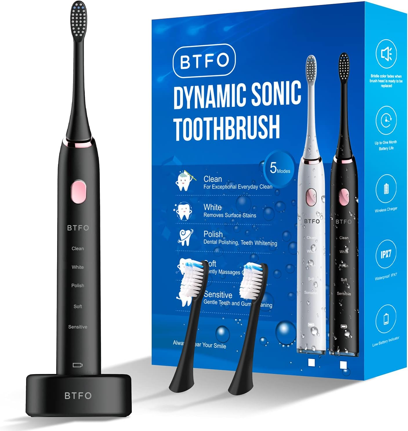 Sonic Electric Toothbrush with 5 Modes, 2Pcs Replacement Brush Heads USB Rechargeable Smart Electronic Toothbrush with Holder for Adults IPX7 Waterproof Smart Timing Fast Charging (White)