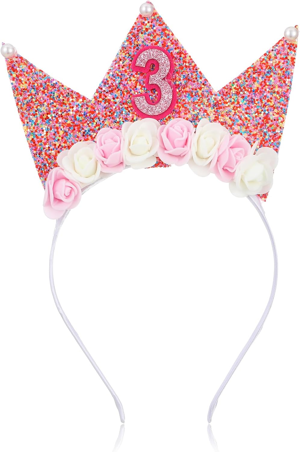 3Rd Birthday Crown Headband Glitter Flower Birthday Decoration Princess Birthday Girl Tiara Elastic Bling Party Accessories 3 Year Old Hair Band Photo Prop image number 5