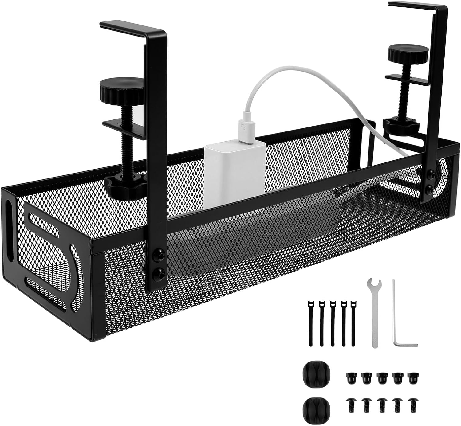 Under Desk Cable Management Tray No Drill 39Cm/15In Metal Mesh Cable Tray with Clamp for Desk Wire Management Cable Management Box and Cord Organizer for Office, Home (Black, 1Pack)