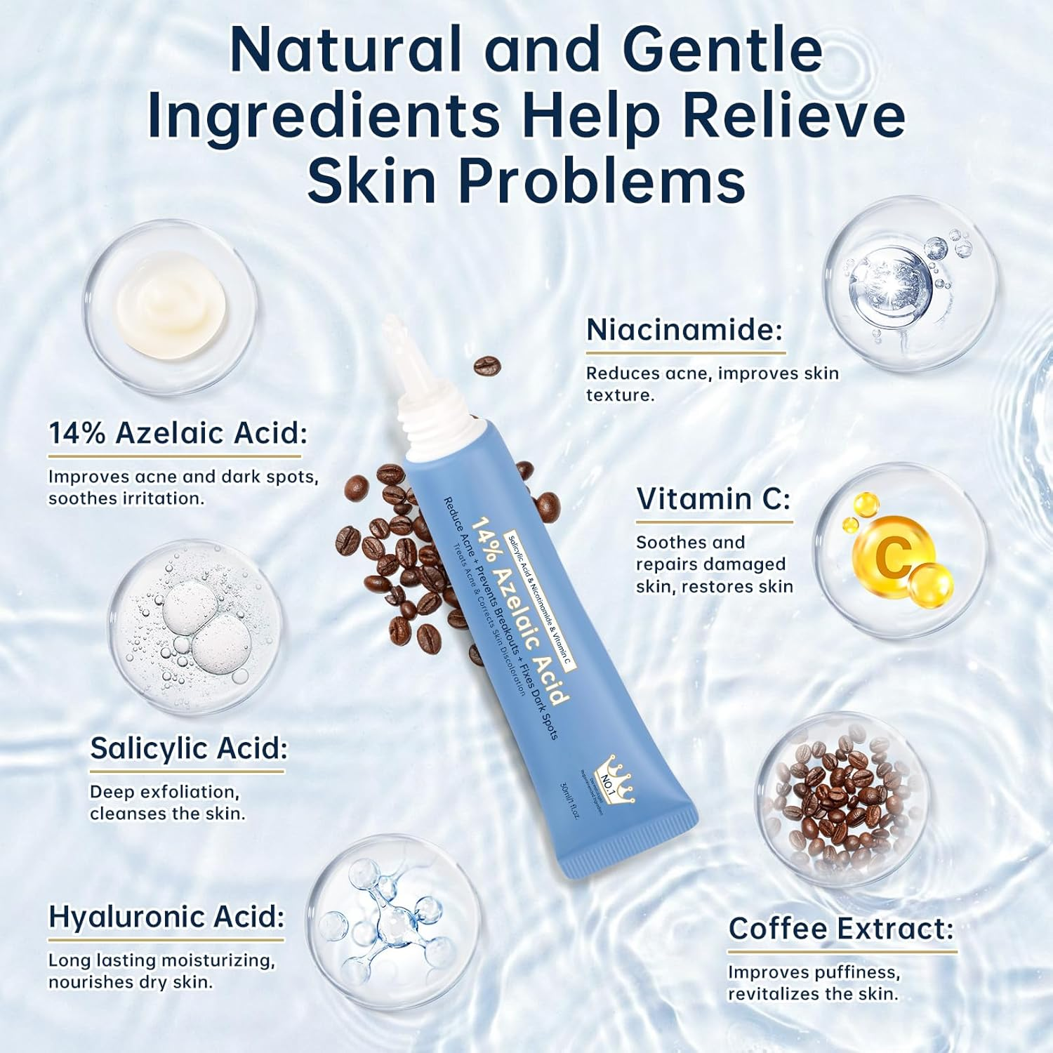 Azelaic Acid 14 Percent Cream for Face, Azelaic Acid Gel, 30ML Azelaic Acid Acne Cream with Salicylic Acid, Niacinamide & Vitamin C for Dark Spot. image number 6