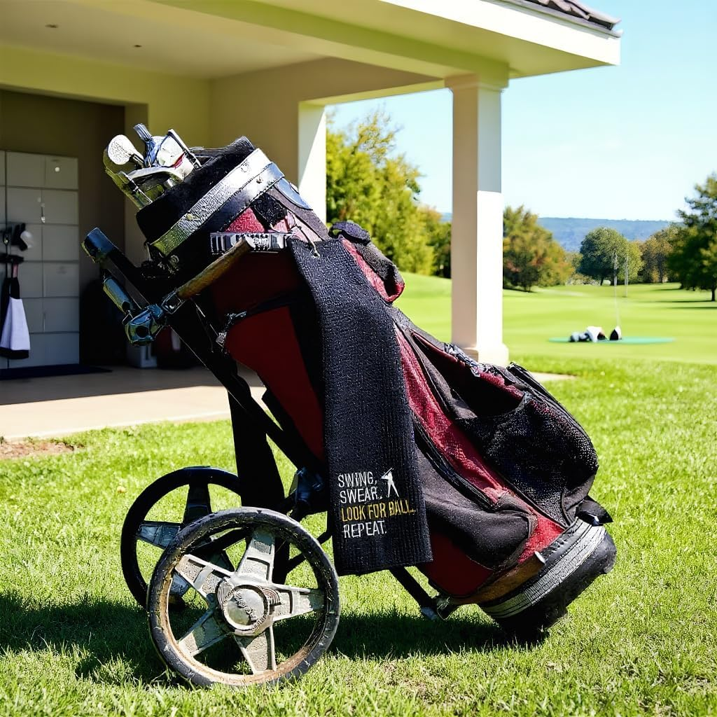 Embroidered Golf Towel with Clip Microfiber Waffle Weave Golf Club Cleaner Accessories Fathers Day Golf Present for Men Black Damaill image number 3