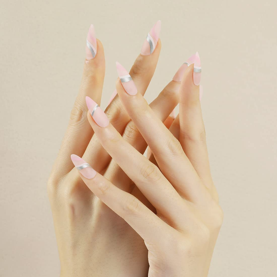 24Pcs Nude Abstract Press on Nails Medium and Long Almond Pointed Full Cover Nails Reusable for Women and Girls DIY Manicure Salon Beginners