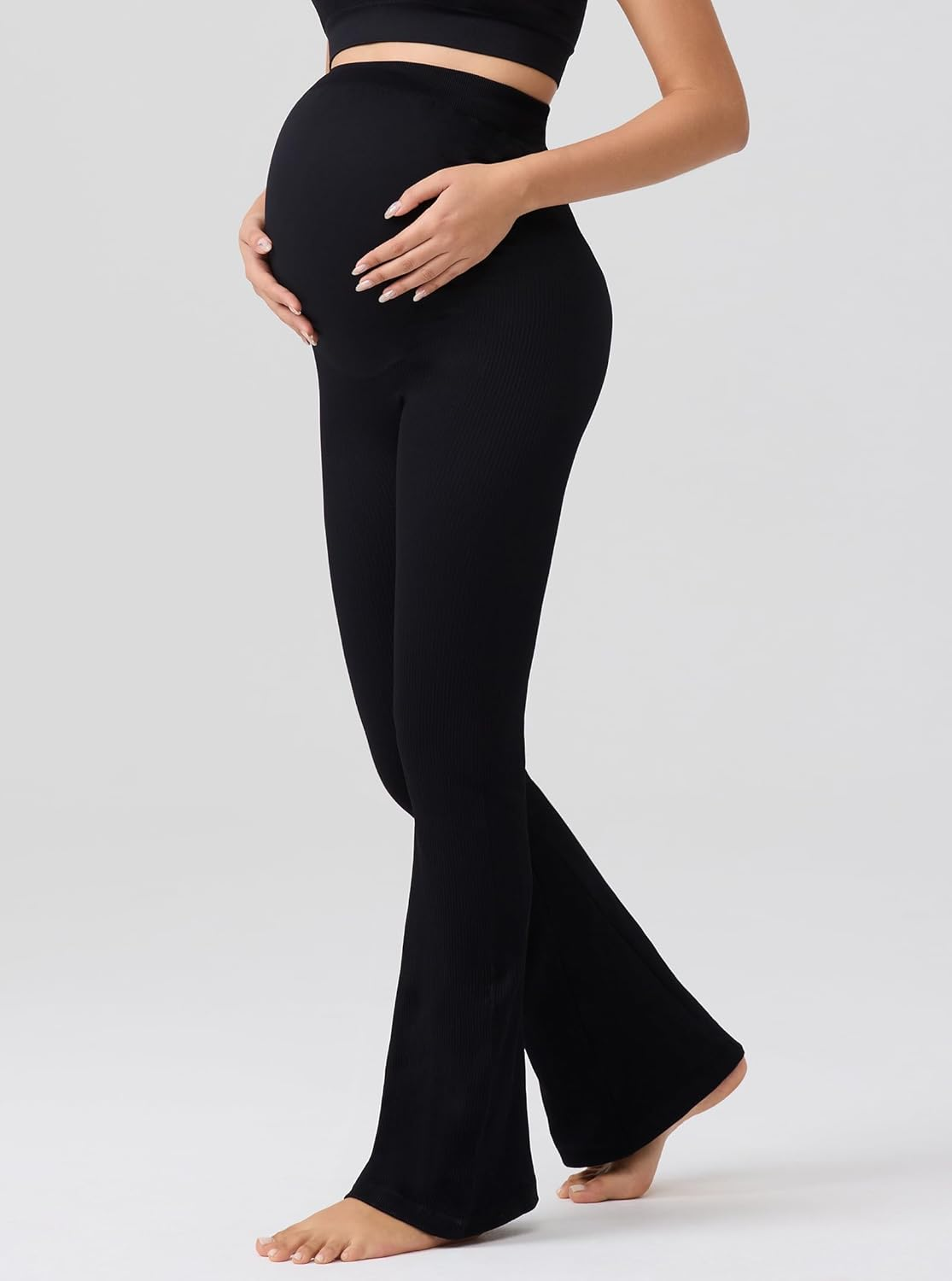 Angelhood Women'S Maternity Flare Leggings over the Belly Ribbed Pregnancy Yoga Leggings Workout Activewear Maternity Pants image number 2