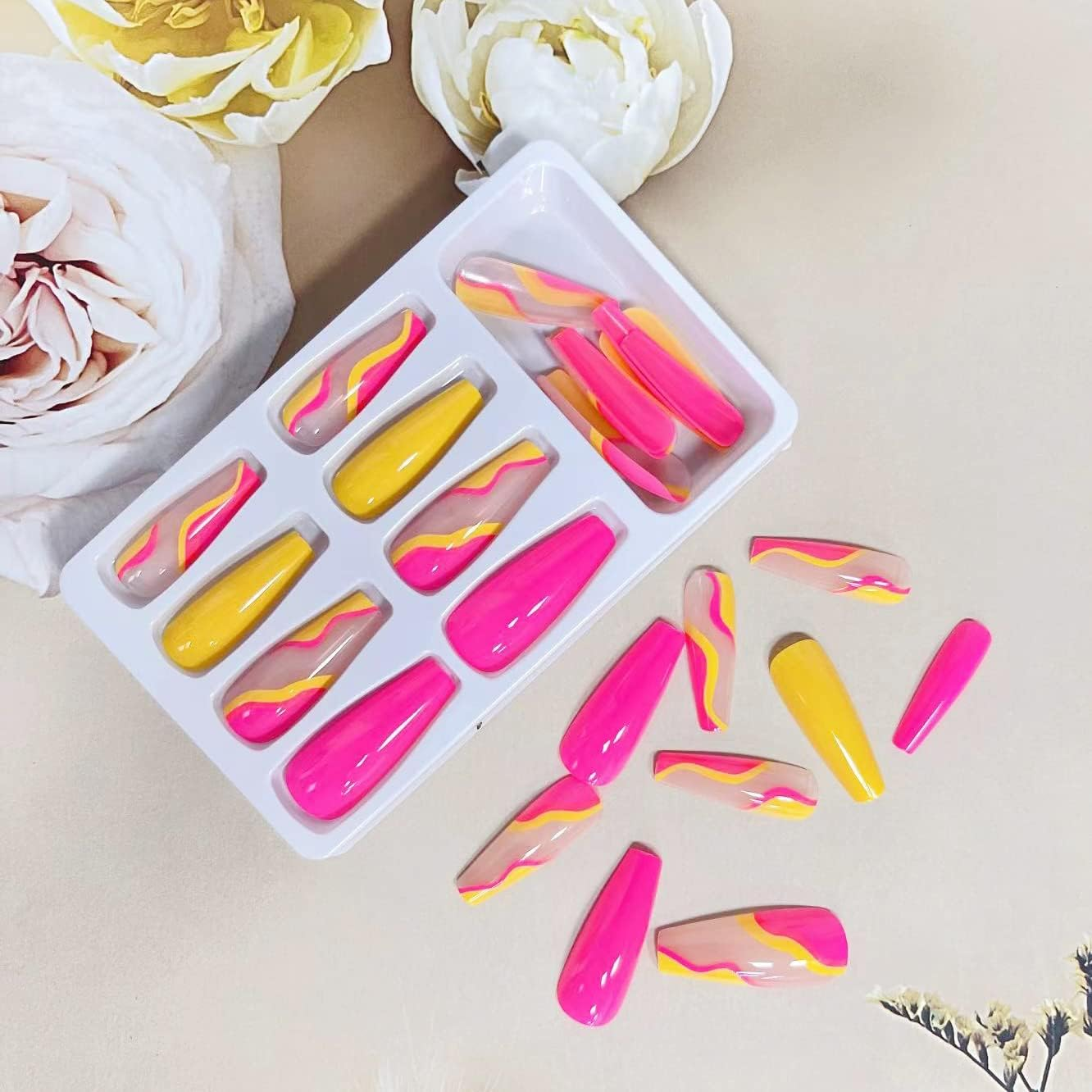 24 Pcs Acrylic Press on Nails Long Fake Nails Colorful Stripes Glue on Nails Coffin Shaped False Nails with Yellow Rose Red Color Glossy Stick on Nails for Women Girls image number 6