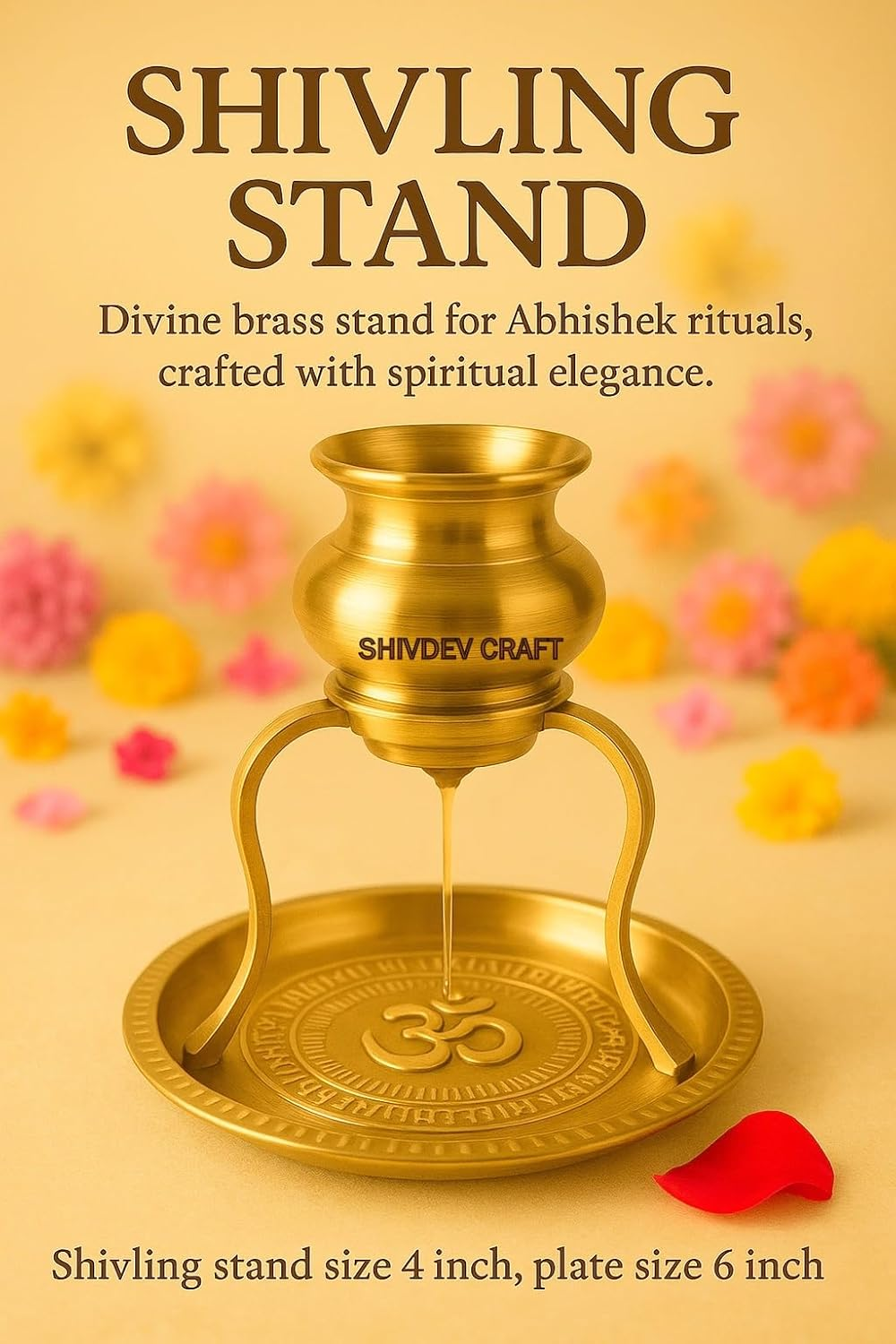 SHIVDEV CRAFT Shivling Jalabhishek Set with Brass Tripai Stand 5 Inch Height Brass Abhishek Lota/Kalash & Brass Pooja Plate 6 Inch Shiv Lingam Abhishekam Patra image number 1