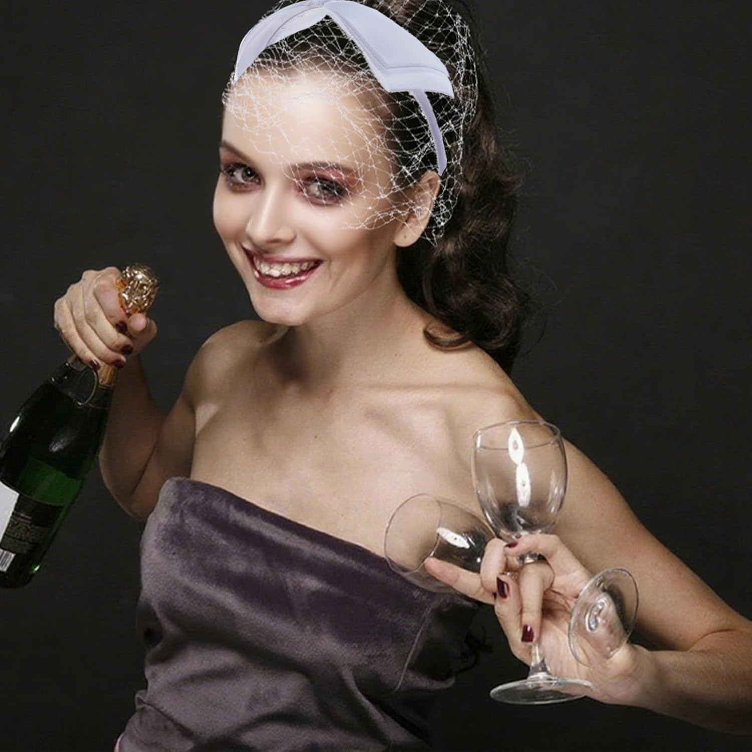 NICENEEDED Veil Mesh Bow Veil Vintage Hat Headband 1920S Fascinator Headdress Bow Knot Bird Cage Veil for Women Tea Party image number 3