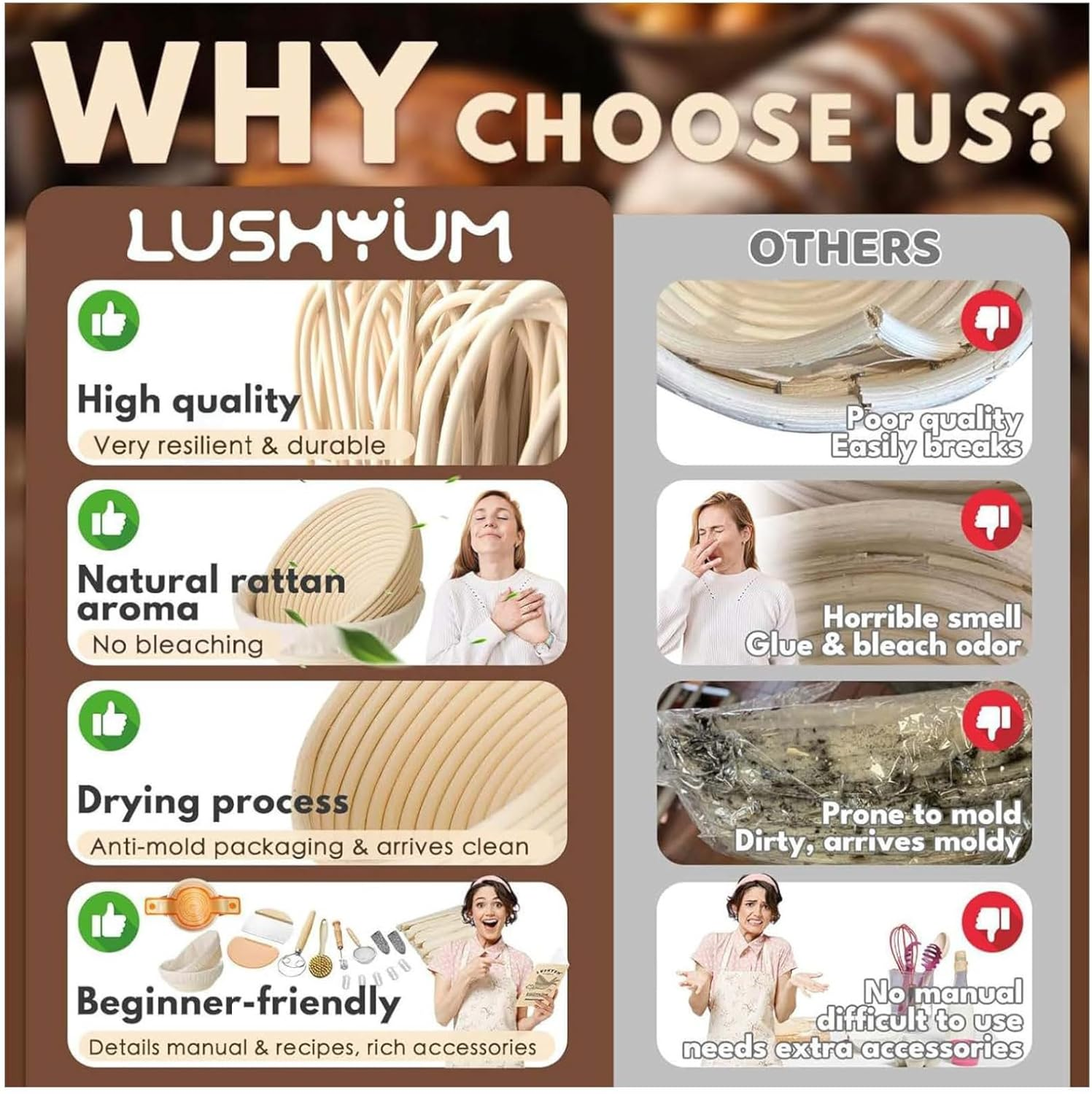 Kinconnyen Bread Banneton Proofing Basket Set,Round and Oval Bread Proofing Baskets,Danish Dough Whisk, Dough Scraper, Bread Bag and Brush,Sourdough Bread Baking Supplies.