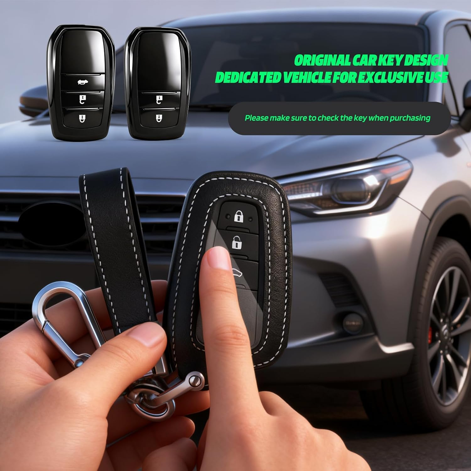 Pacify Key Fob Cover for Toyota Leather Car Key Fob Protector Key Holder Case with Keychain Lanyard 2/3 Buttons Compatible with Camry RAV4 Highlander Avalon C-HR Prius Corolla GT86 (Black) - Black image number 3