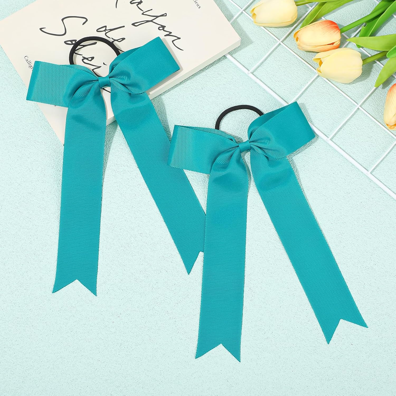 CEELGON 20 PCS College Style Cheer Bows Collegiate Long Tail Skinny Bow Elastic Hair Tie for Teens Girls Softball Competition Sports Cheerleaders (Teal) - Light Blue image number 6