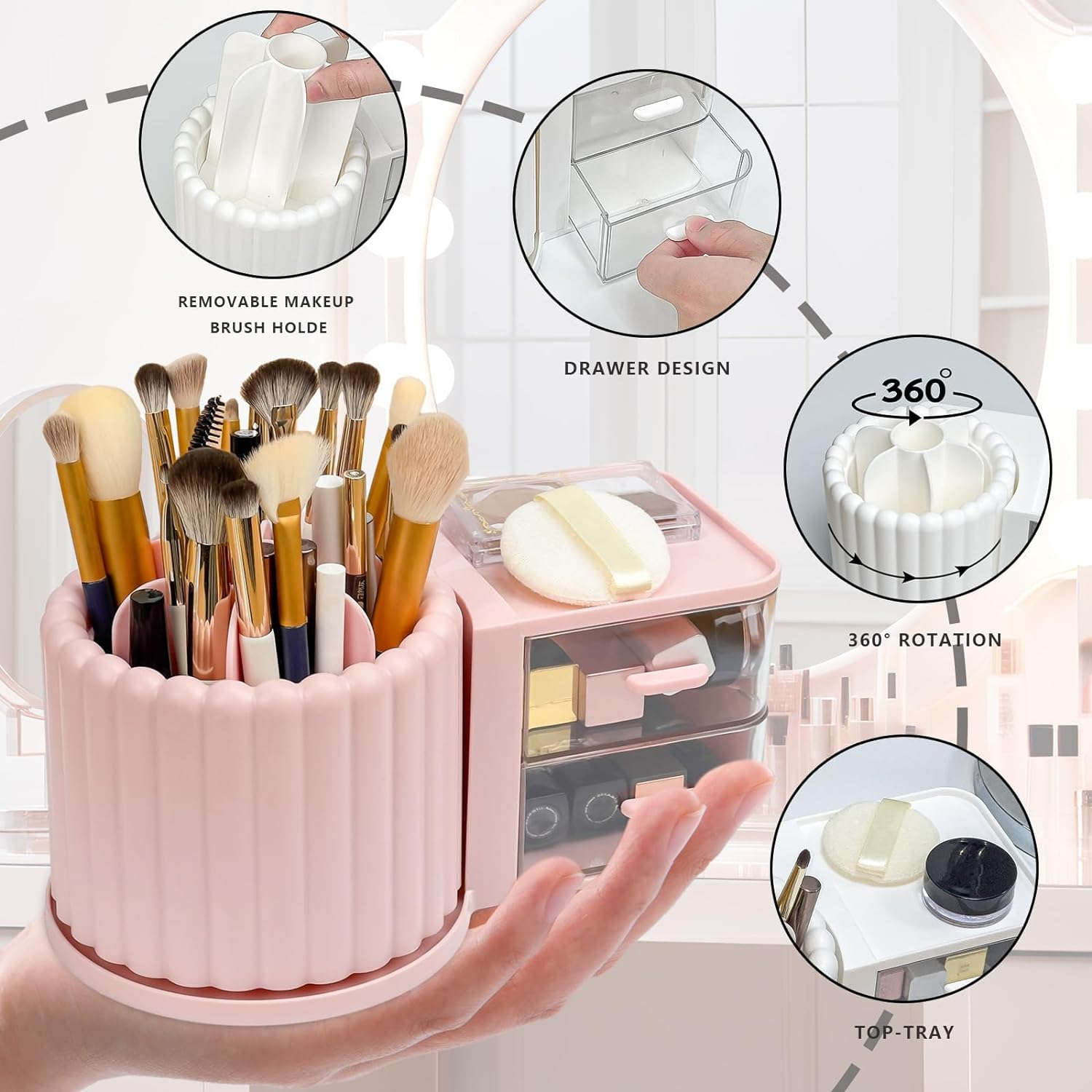 STORICANS 360 Rotating Makeup Brush Holder 7 Slots Makeup Brush Organiser with Drawer Removable Spinning Cosmetic Storage Pen Holder for Vanity, Dresser, Desk,Pink image number 1
