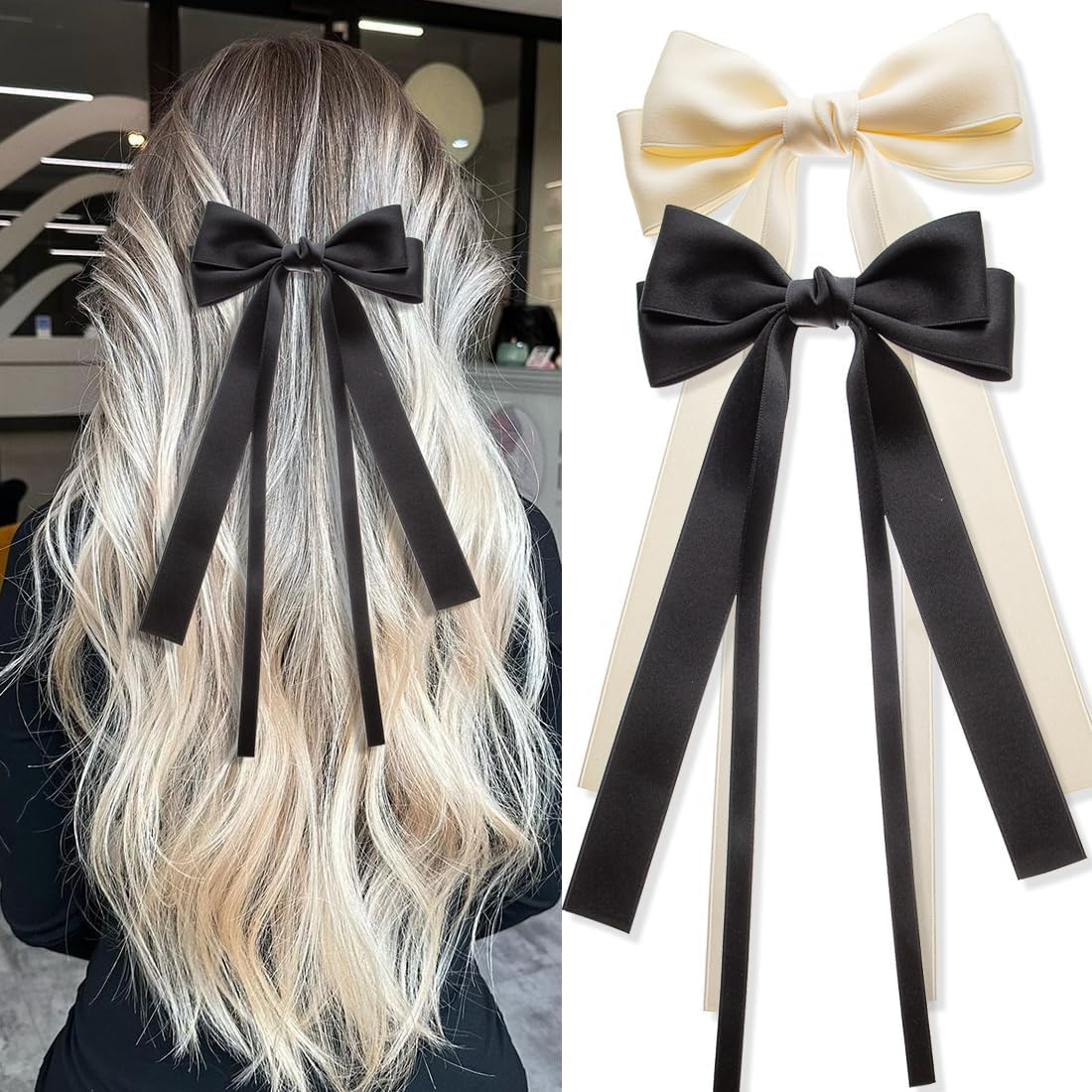 NATOSU 2Pcs Large Satin Ribbon Hair Bows for Women Hair Bows for Women Oversized Long Tail Cute Aesthetic Large Hair Clips for Women image number 6