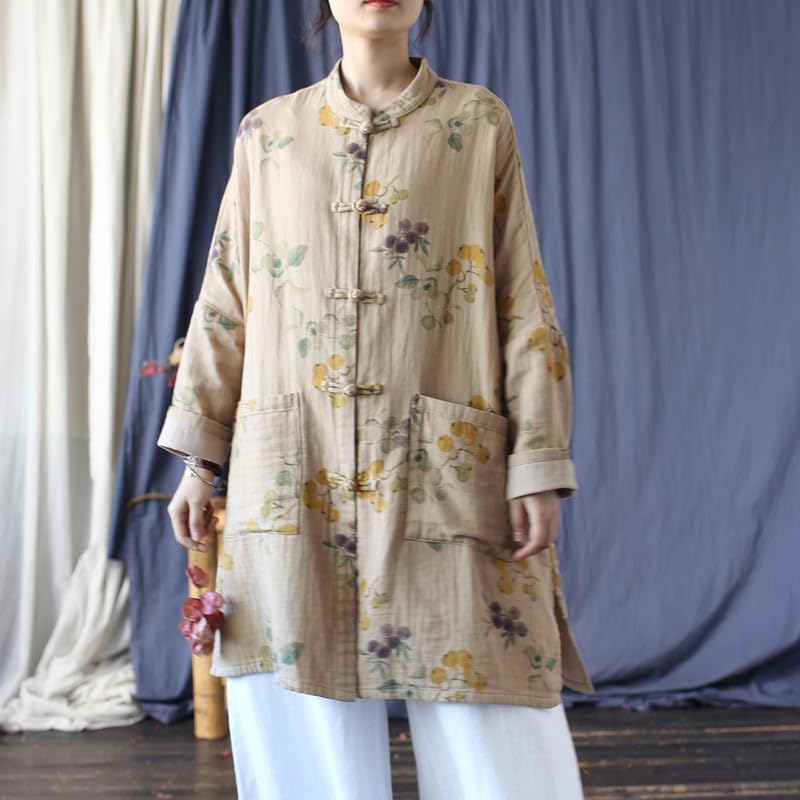 Vintage Ethnic Style Stand-Collar Frog-Button Long-Sleeve Womens Linen Blend Outer Top Beige image number 6