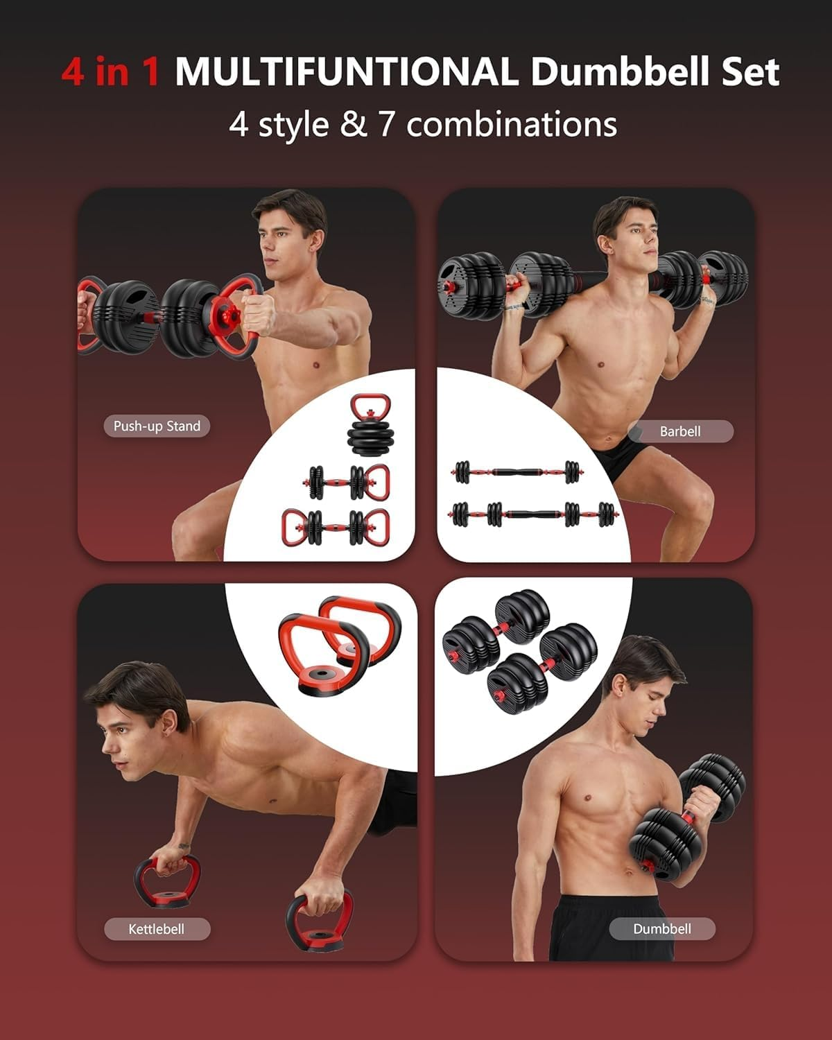 Li Fitness Adjustable Dumbbell Set, 10KG/15KG/20KG Weights, 4-In-1 Dumbbell Set with Connector for Home Gym, Used as Dumbbell, Kettlebell, Barbell, Push-Up Stand, Fitness Equipment for Men/Women image number 5