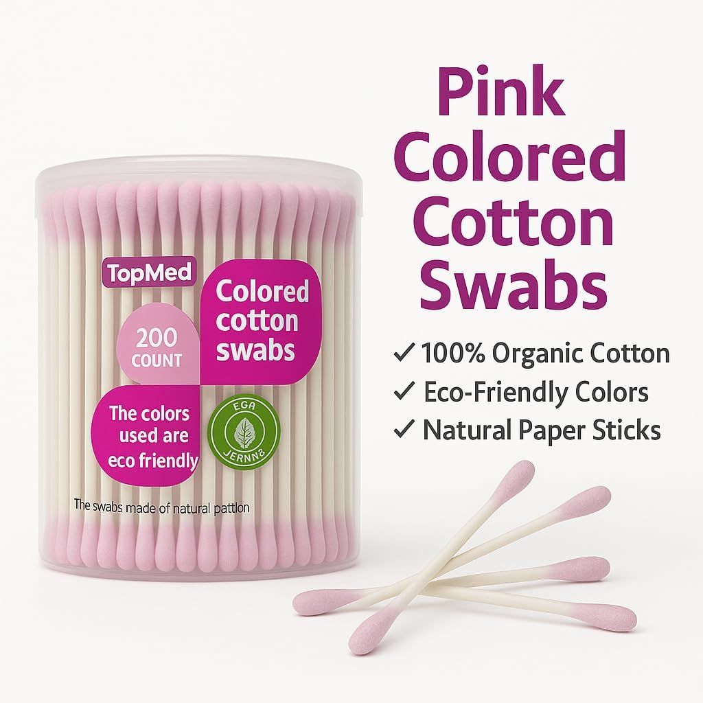TOPMED PAPER COLOR COTTON BUDS in a round BOX 200 PCS PINK 100% Cotton Sticks - Pink image number 2