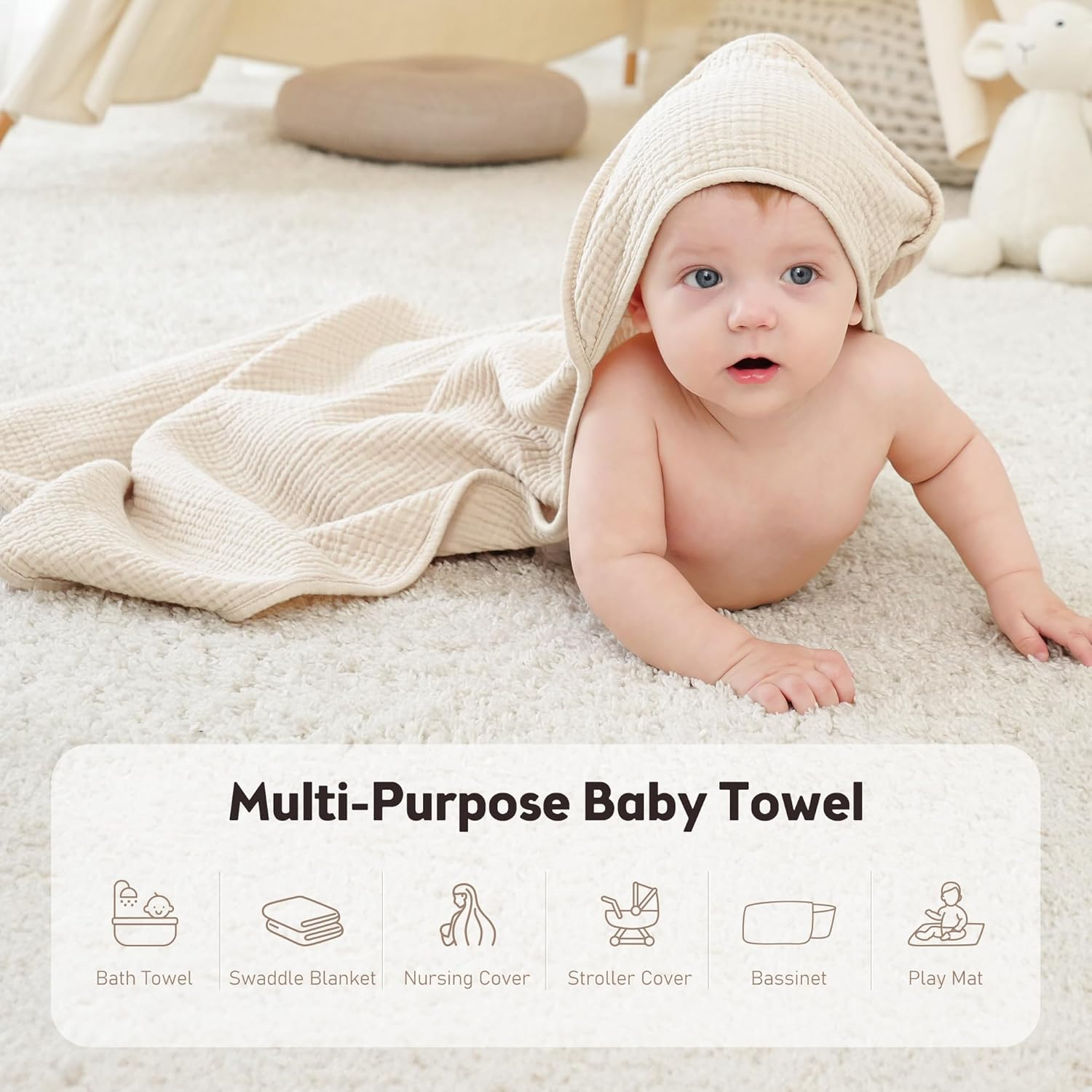 Bearmoss Muslin Baby Bath Towels 100% Cotton Baby Hooded Bathing Towels for Newborn Unisex Baby Boys Girls Infants Toddlers & Kids - 30X30In 2Pack (Cream Star)