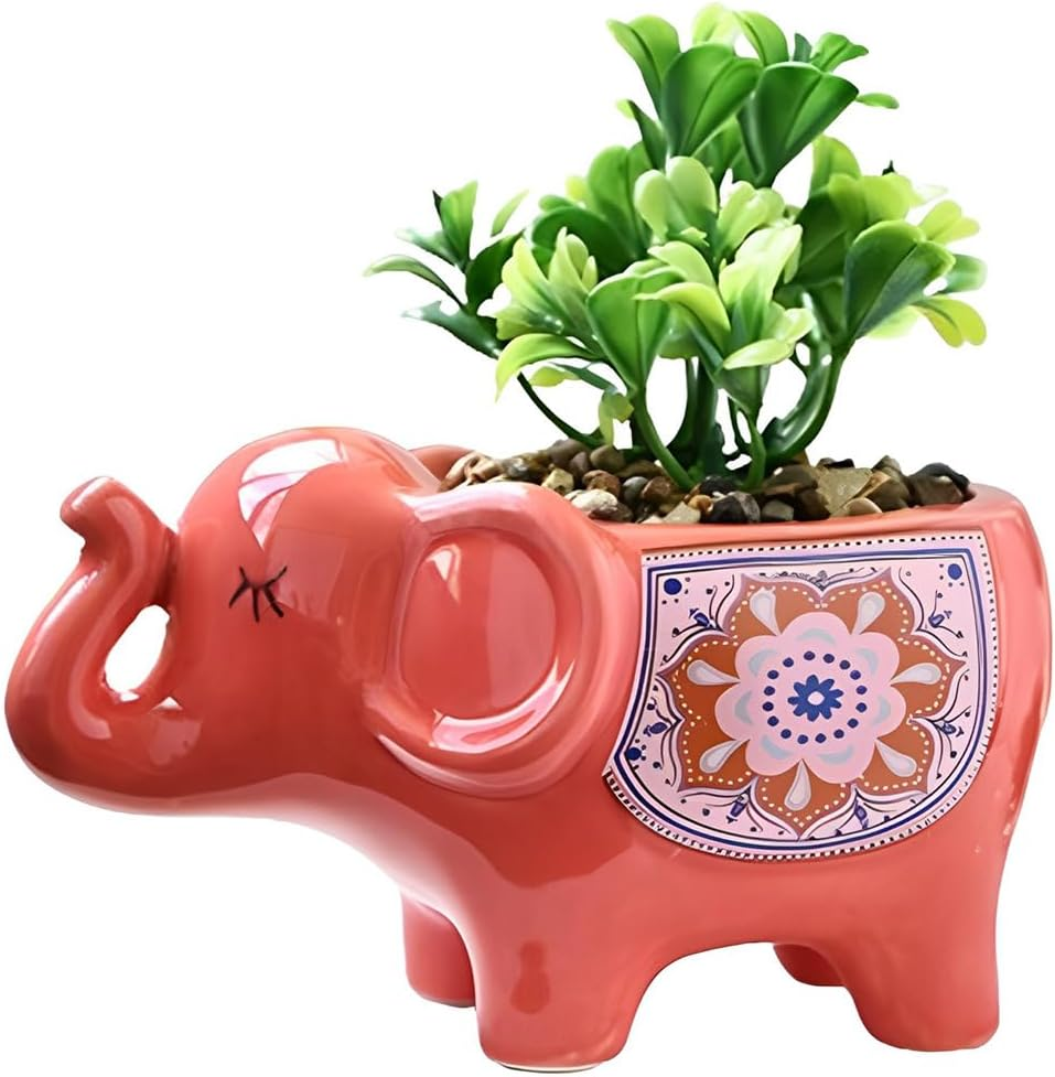TOMVAES Elephant Ceramic Flower Pot,Cute Animal Indoor Flower Succulent Planter Modern White Ceramic Cactus Planter Pots for Home Garden Offices Desktop (Red)