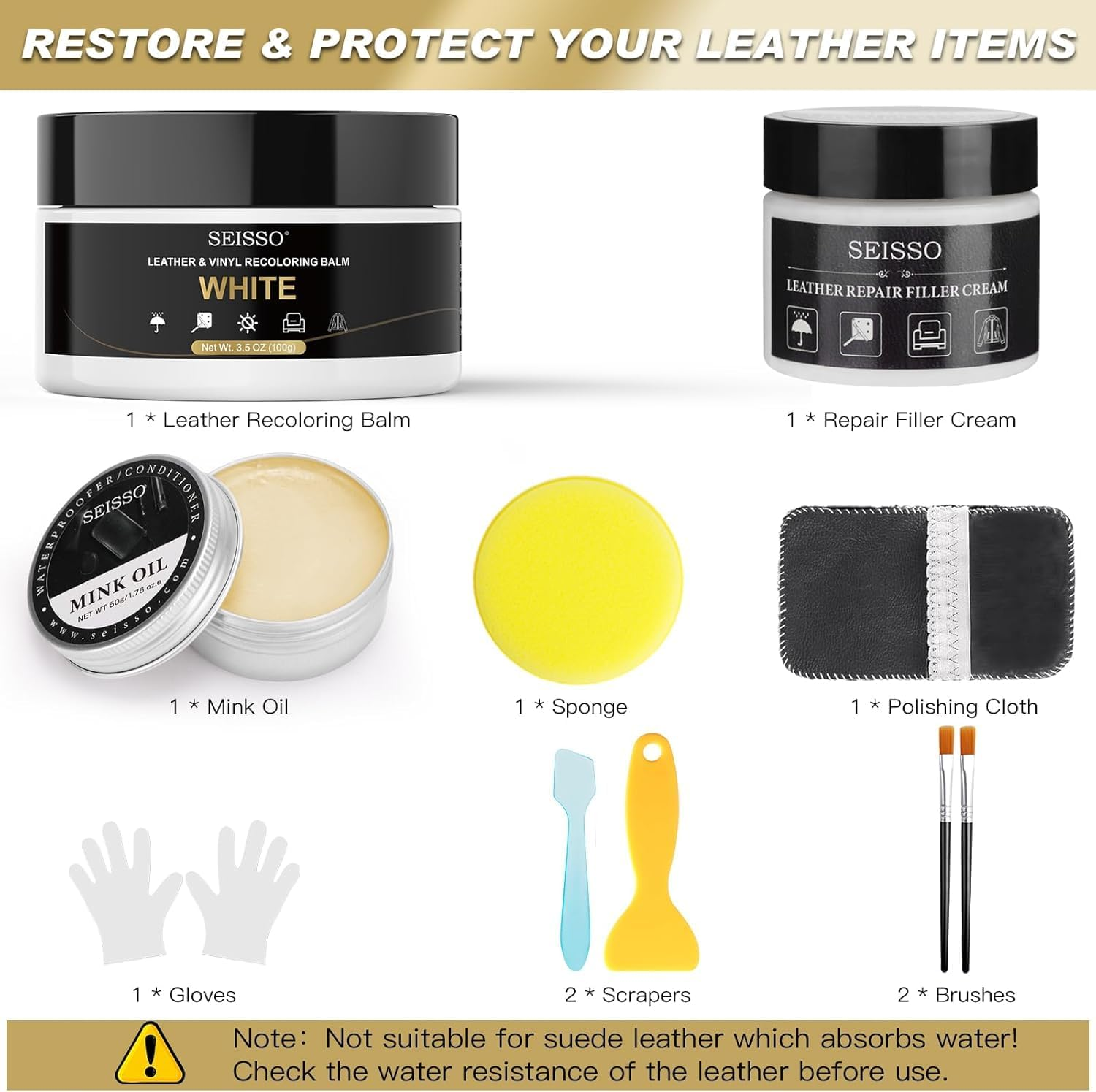 SEISSO Light White Leather Repair Kit for Furniture, Leather Recoloring Balm, Vinyl Repair Kit with Mink Oil Car Interior for Scratches, Shoes, Car Seat image number 3