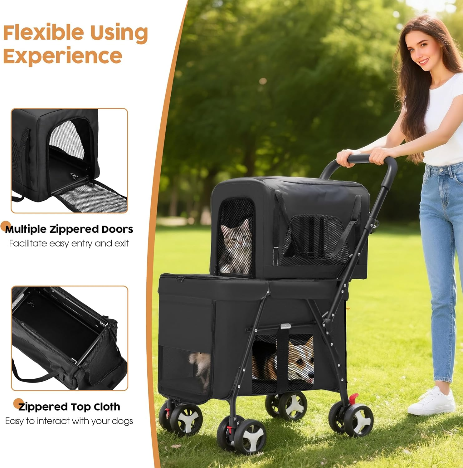 Advwin Double Pet Stroller for Dogs and Cats, 3-In-1 Dog Jogger Stroller Foldable Travel Carriage with Detachable Carriers, Safety Belts, and Lockable Wheels for Multi-Pet Homes image number 6