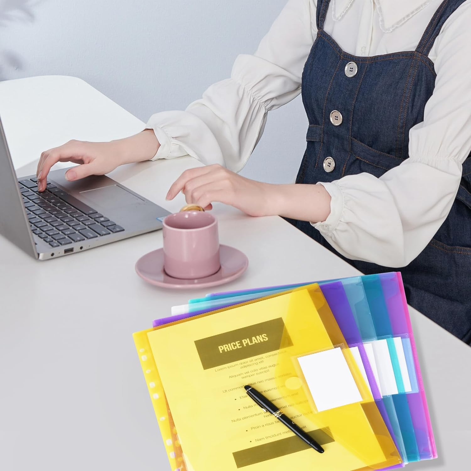 24Pcs 6 Colours Binder Pocket, Plastic Flipchart File Pockets, Envelope Binder Folders with 11 Holes and Tab Pockets and Velcro Buttons, Label Pockets for Schools Offices Homes image number 4