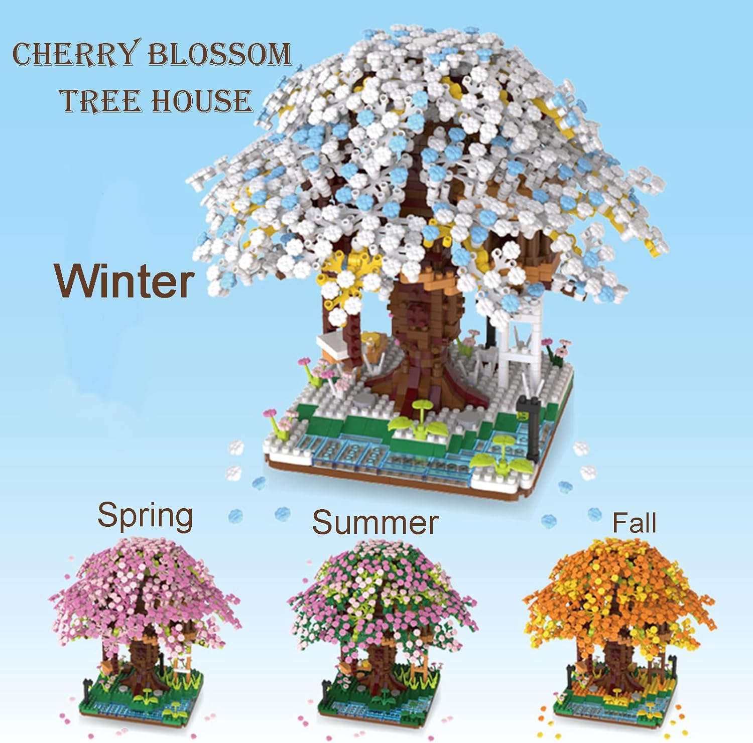 Famiredo Cherry Blossom Tree House Adult Artificial Flower Mini Block Set, Spring/Summer/Fall/Winter Beauty Plant Series, Bouquet Tree House Block Set, Suitable for Gift/Home Decoration (Winter)