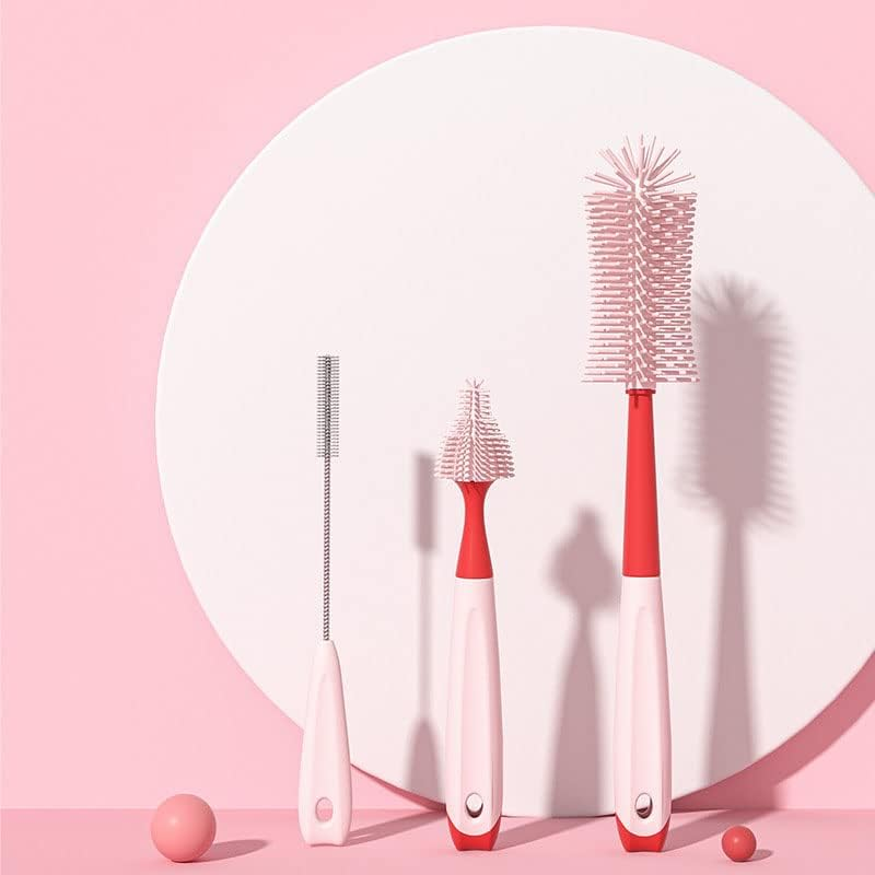 Bottle Brush 3 Pack - Silicone Baby Bottle Cleaner Brush Staw Cleaning Kitchen Wire Scrub Set for Washing, 12" Long Handle Water Sports Bottle Cleaner Vase, Glassware (Red) - 3-One-Red image number 7